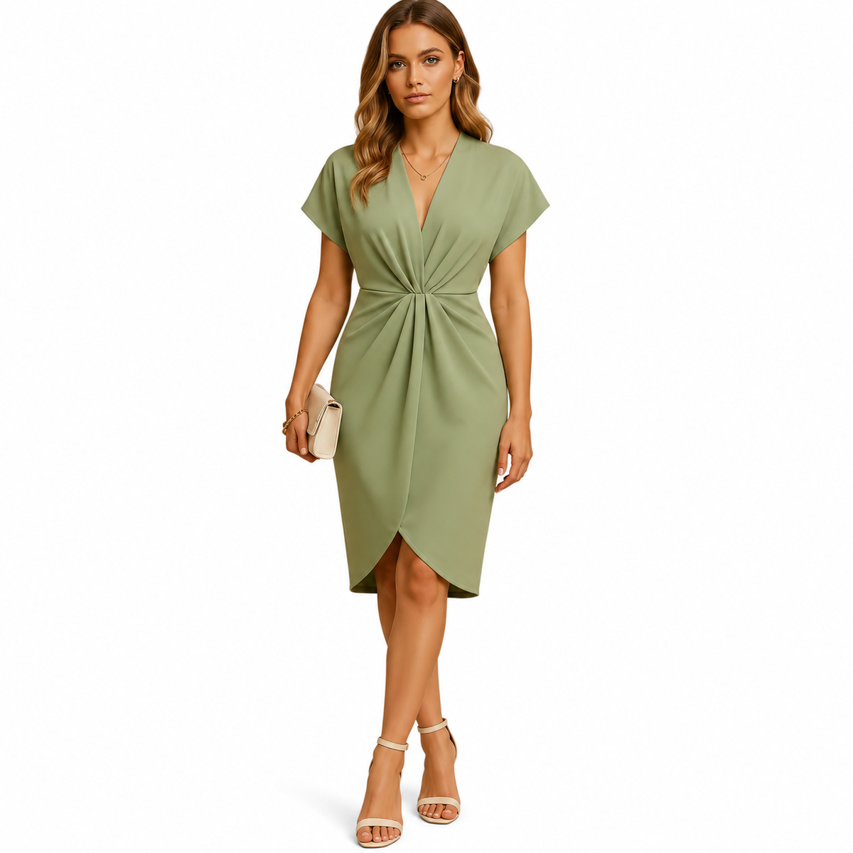 Women's Wrap-Style Midi Dress – Defined Shape, Simple Finish