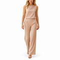 Women's Round-Neck Wide-Leg Jumpsuit with Mid-Rise Waist