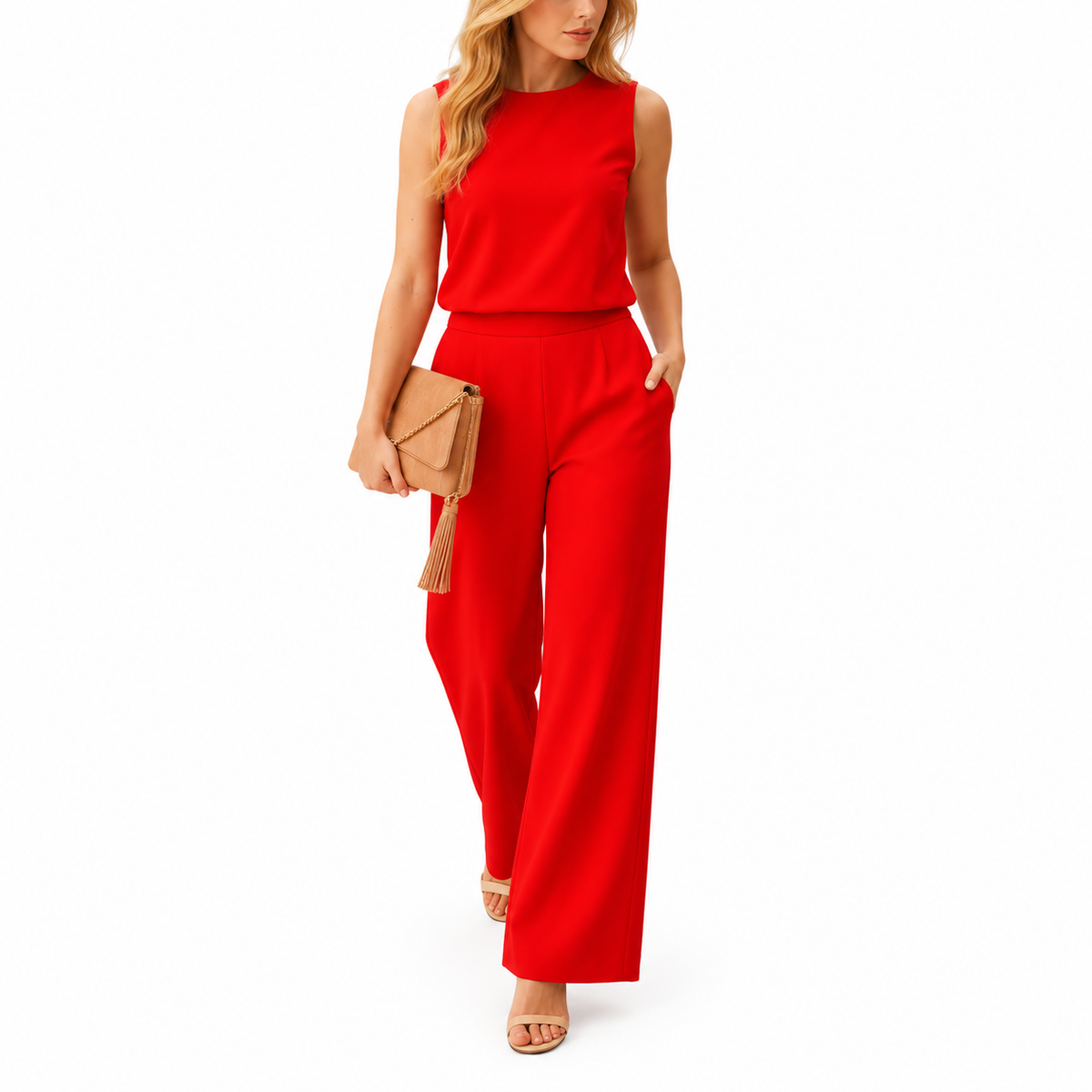 Women's Round-Neck Wide-Leg Jumpsuit with Mid-Rise Waist