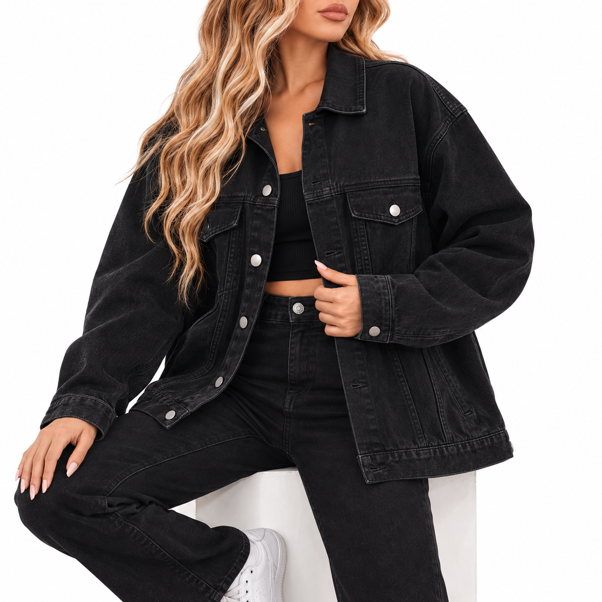 Women's Black Denim Layering Jacket – Relaxed Long-Sleeve Fit