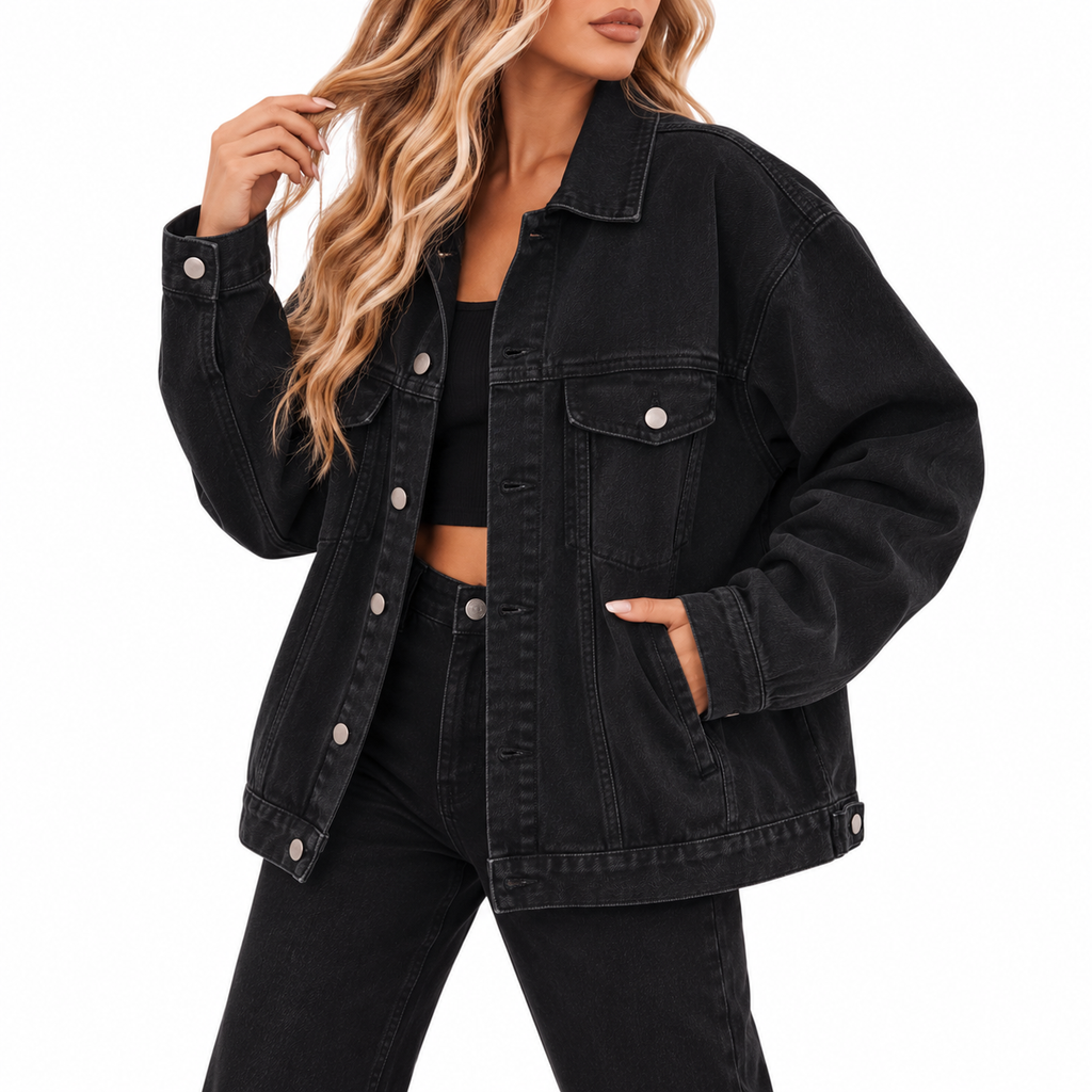 Women's Black Denim Layering Jacket – Relaxed Long-Sleeve Fit