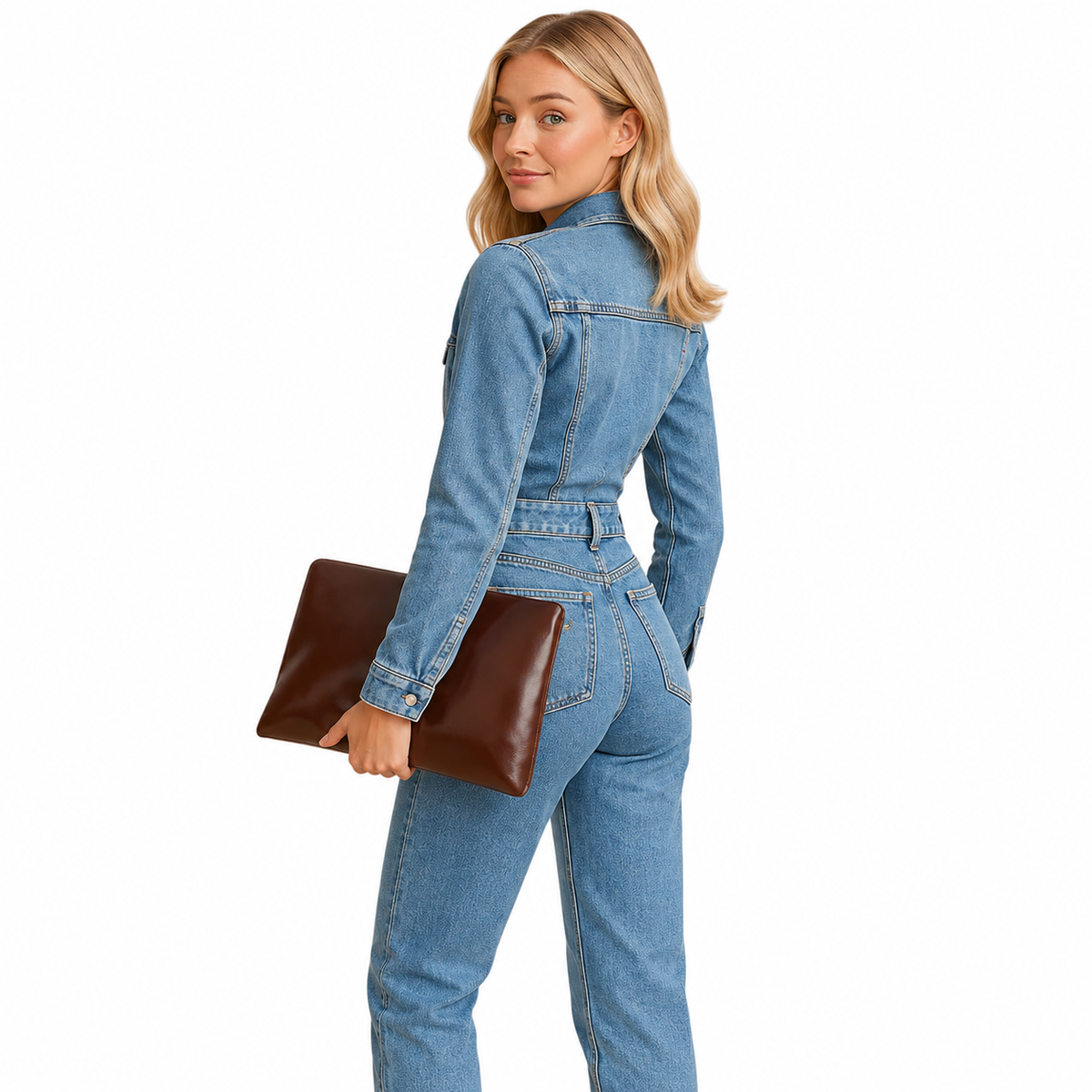Women's Blue Denim Jumpsuit – Straight Leg and Long Sleeves