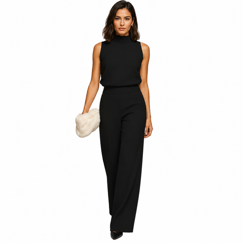 Women's Bow-Detail Halter Jumpsuit – High Waist and Wide Legs