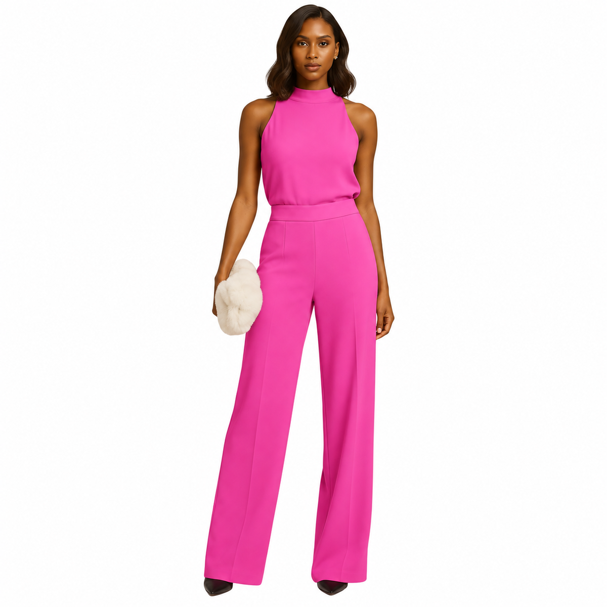 Women's Bow-Detail Halter Jumpsuit – High Waist and Wide Legs