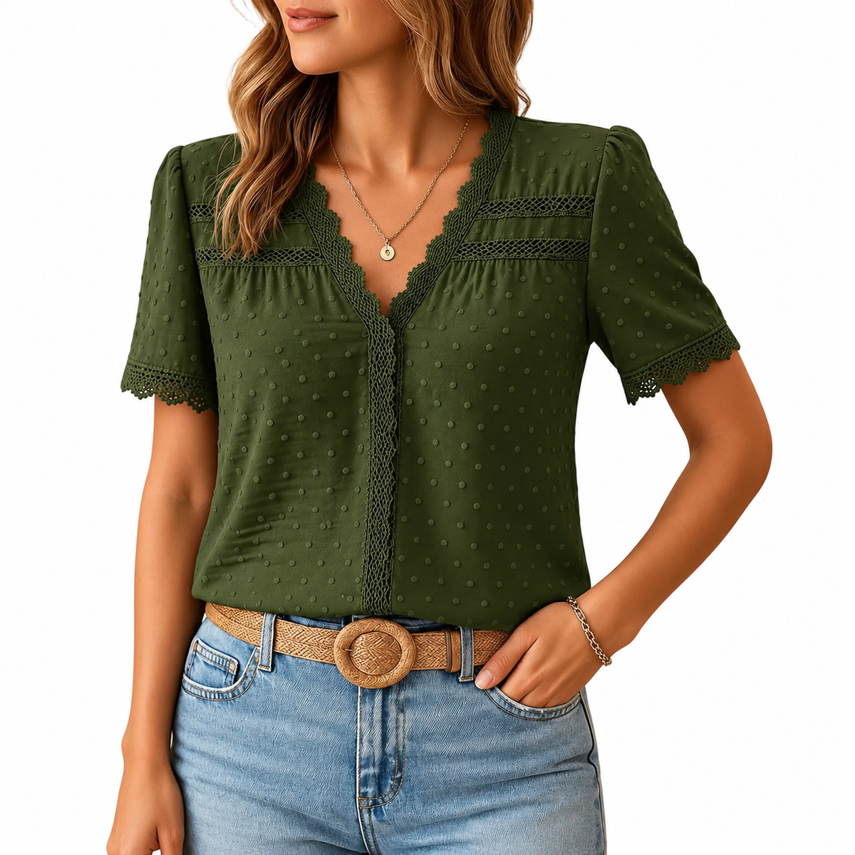 Women's V-Neck Lace Blouse – Textured Occasion and Daywear Top