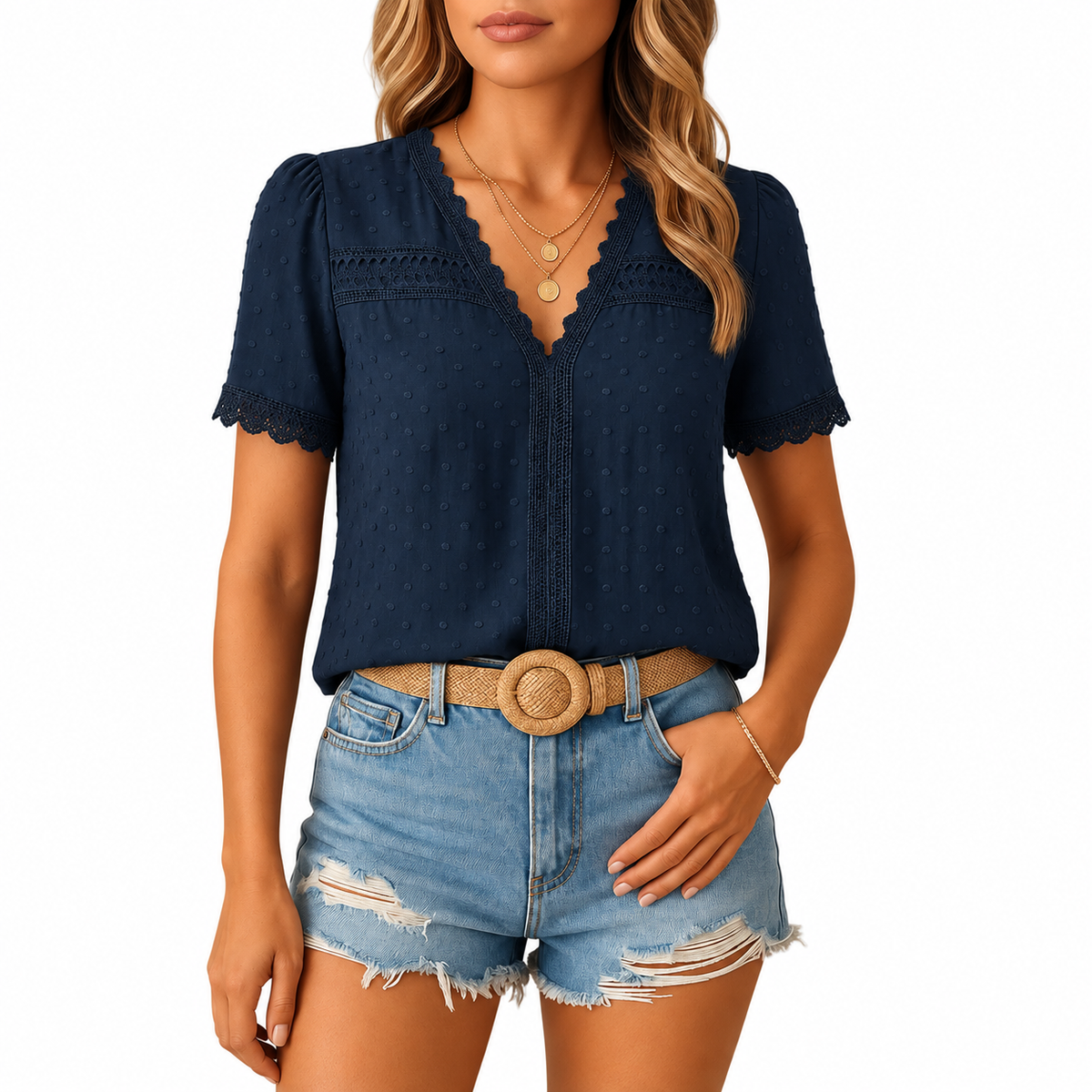 Women's V-Neck Lace Blouse – Textured Occasion and Daywear Top