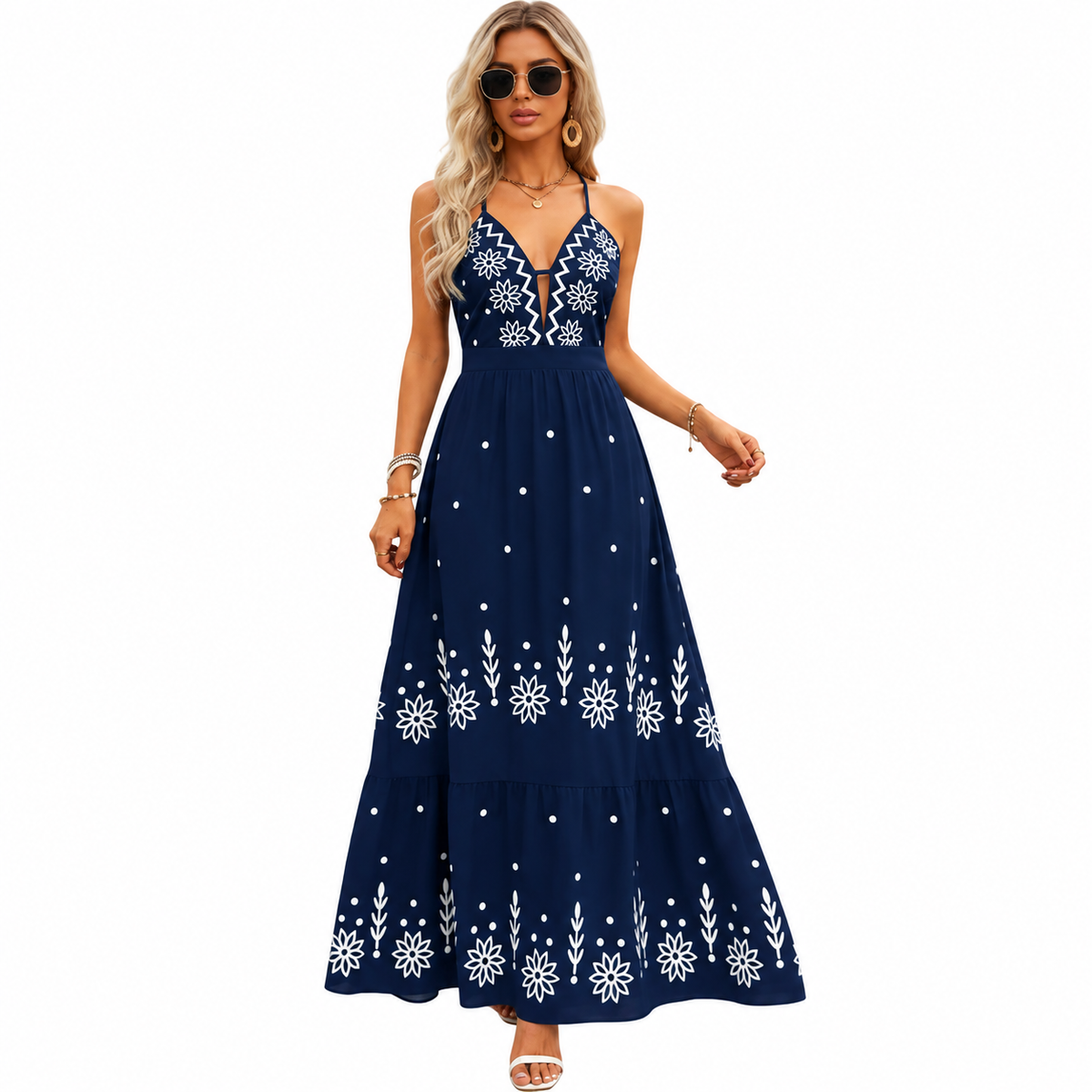 Women's Floral Halter Maxi Dress – Open Back and Flared Skirt