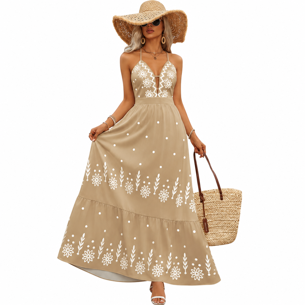 Women's Floral Halter Maxi Dress – Open Back and Flared Skirt