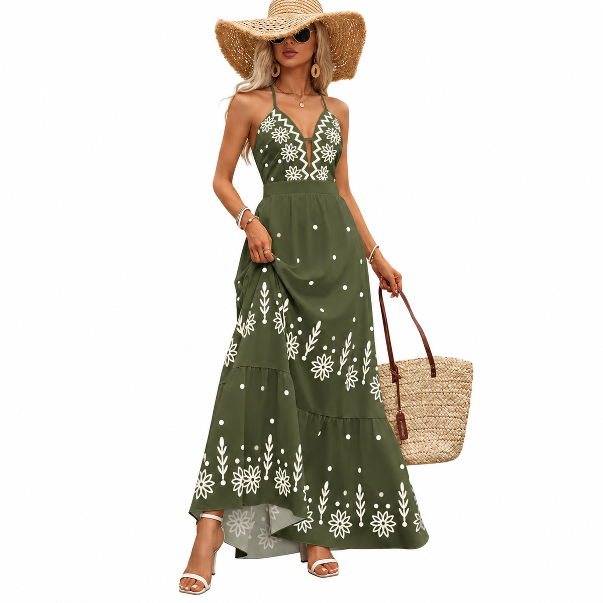 Women's Floral Halter Maxi Dress – Open Back and Flared Skirt