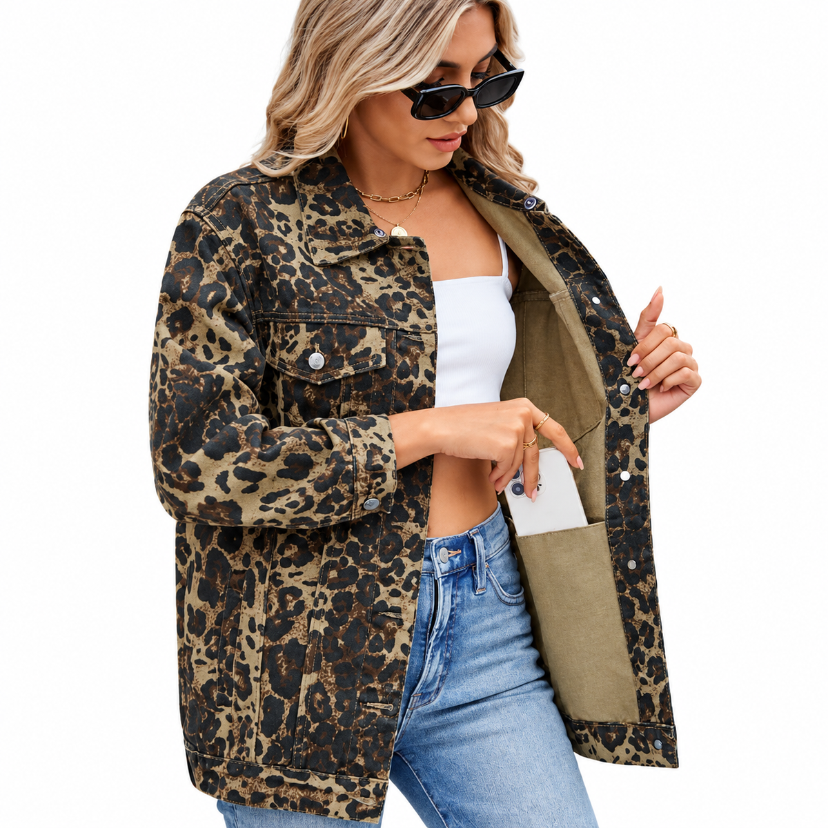 Women's Leopard-Print Denim Jacket – Loose Long-Sleeve Layer