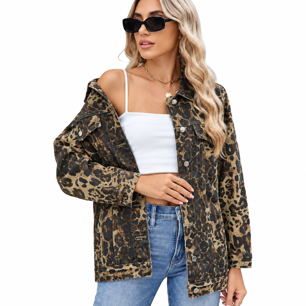 Women's Leopard-Print Denim Jacket – Loose Long-Sleeve Layer