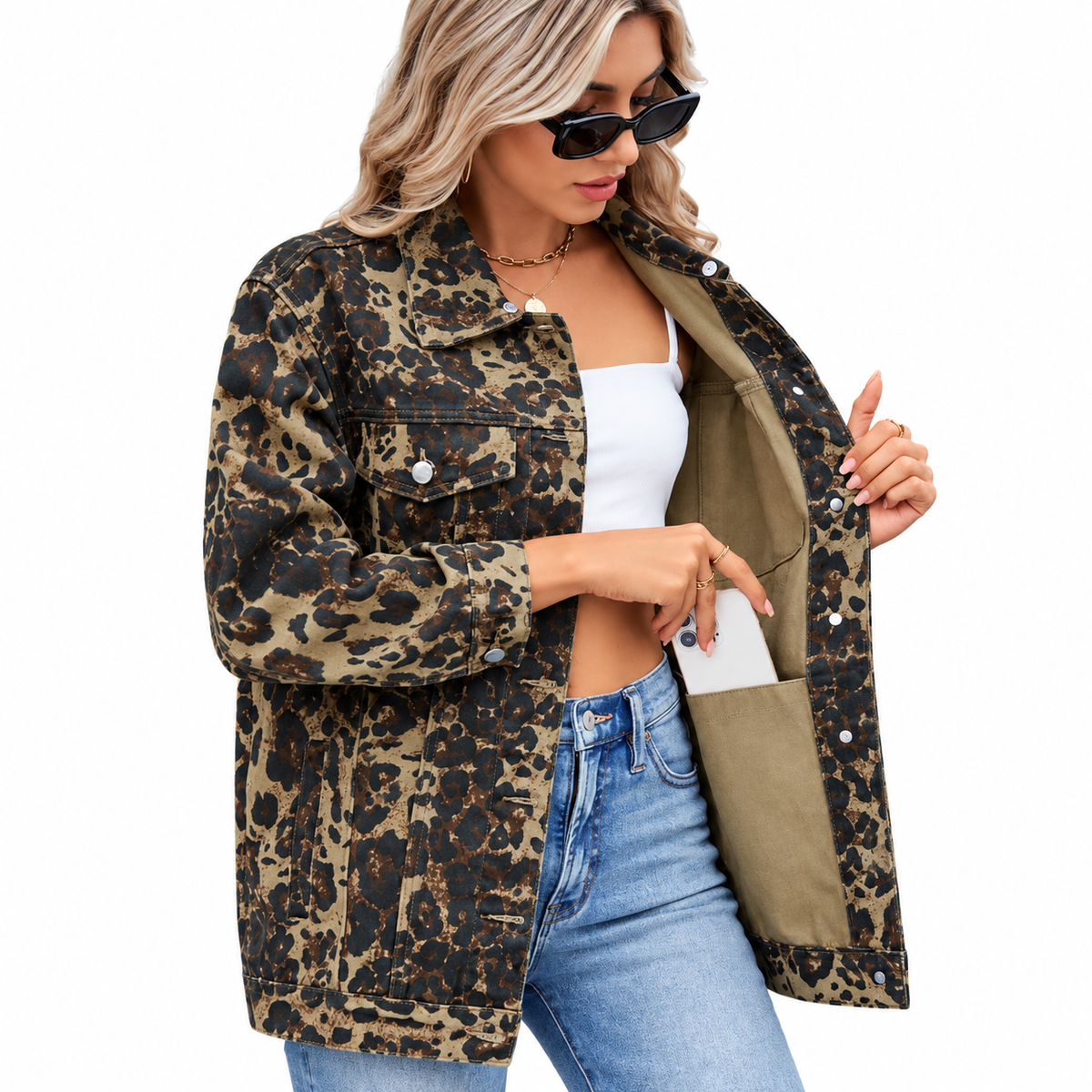 Women's Leopard-Print Denim Jacket – Loose Long-Sleeve Layer