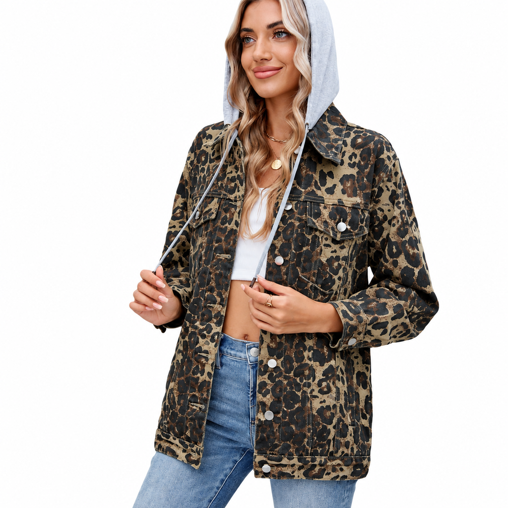 Women's Leopard-Print Denim Jacket – Loose Long-Sleeve Layer
